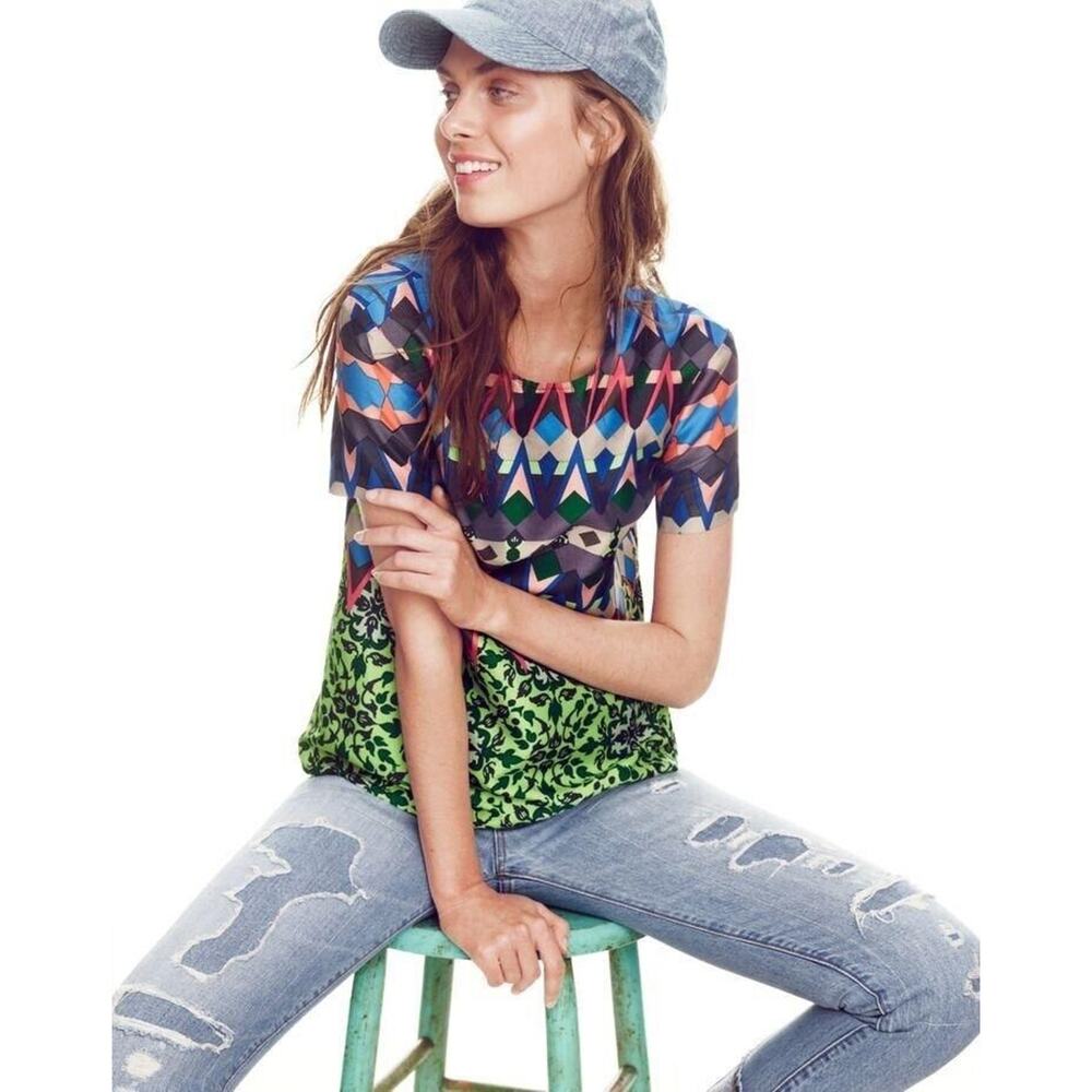 J Crew Size 2 Silk Gemstone Classic T Shirt Blouse Multicolor Print - Picture 2 of 10